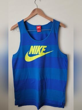 Vintage Nike Blue Striped Tank with Yellow Logo